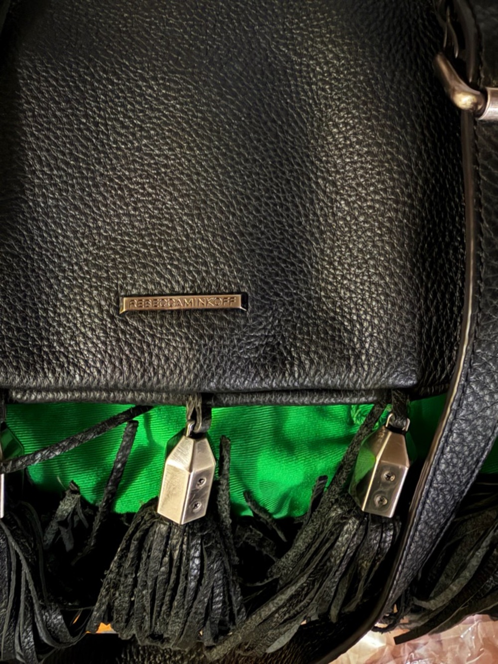 Fringed Tassel Crossbody Pebble Leather Black Bag - Picture 6 of 11